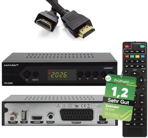 [ Test SEHR GUT, Note 1.2 *] Zehnder HX 2200 Sat Receiver + HDMI Kabel, mit Aufnahmefunktion, HD fähig, Full HD, Digital Sat-Receiver für Satellitenschüssel Satelliten TV Fernseher, HD-Receiver
