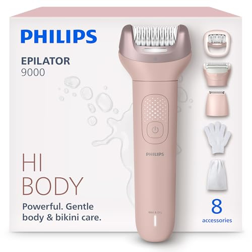 Philips Epilator Series 9000 - Cordless Wet and Dry Electric Epilator, Hair Removal for Legs, Body and Bikini, with ProGuide, 8 Accessories, 60 min. Runtime, Model BRE717/00
