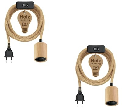 ledscom.de 2x Hanf-Kabel/Textilkabel KIVO, Stecker, Schalter, beige/hellbraun, 3m, Echtholz Lampen-Fassung, 1x E27 max. 60W