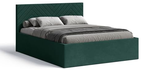 Meblofun Polsterbett ABETE mit Kopfteil, 180x200 cm, Doppelbett mit Bettkasten und Lattenrost aus Holz, Velourstoff, Farbe: Grün