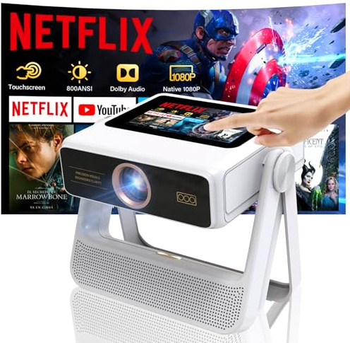 Proyector Portátil 4K con Pantalla Táctil Inteligente, Mini Proyector 1100 ANSI para Exterior, Enfoque Automático y Corrección Trapezoidal, WiFi 6 Bluetooth HDR10+, 1000+ Apps, Cine en Casa