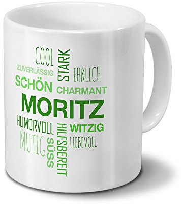 printplanet Tasse mit Namen Moritz Positive Eigenschaften Tagcloud - Grün - Namenstasse, Kaffeebecher, Mug, Becher, Kaffeetasse
