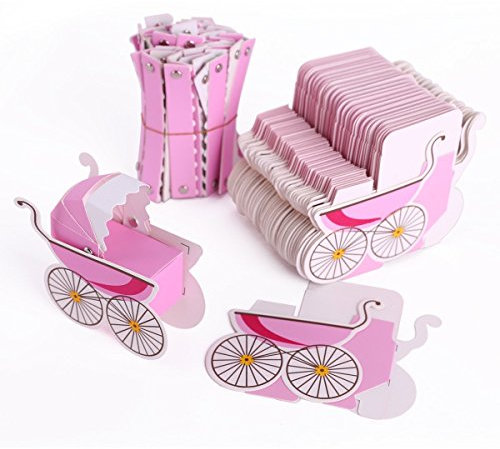 Lance Home® 50pz Bomboniere Carta, Passeggino Bambino Candy scatole regalo, Scatole Confetti di Nascita Bambino Compleanno Portaconfetti Segnaposto Rosa