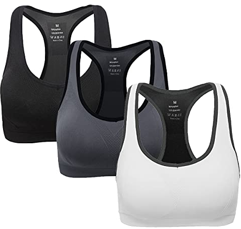 ANGOOL Damen Komfort Klassische Racerback Sport BH Top Fuer Yoga Fitness-Training, Schwarz + Grau + Weiß, XL Fit 85DD 90D 90DD 95BC 95D