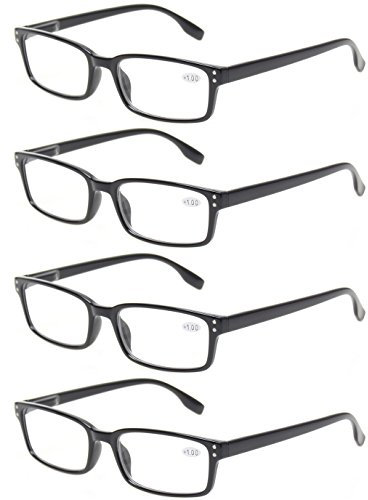 Kerecsen 4-Pack Rectangular Retro Style Men Reading Glasses Spring Hinges Comfortable Readers (+0.75, 4 Pack Black)