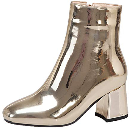 MISSUIT Damen Chunky Heels Ankle Boots Lack Stiefeletten High Heels Blockabsatz Boots Reißverschluss Winterstiefel(Gold,38)