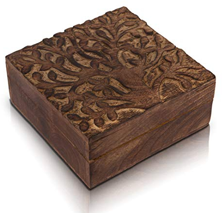 Handgefertigte dekorative Holz-Schmuckschatulle Baum des Lebens Schnitzerei Schmuck Organizer Andenkenbox Schatztruhe Schmuckkästchen Halter Uhrenbox Aufbewahrungsbox Schlossbox 15 x 15 cm