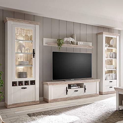 Lomadox Landhaus Wohnwand Pinie weiß mit Vitrine & Standregal, TV-Lowboard & Regal inkl. LED-Beleuchtung