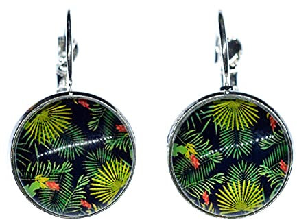 Miniblings Cabochon Jungle Earrings - Handmade Fashion Jewelry I Rainforest Pattern Leaves Plants Ferns - Earring Silver Plated Earrings