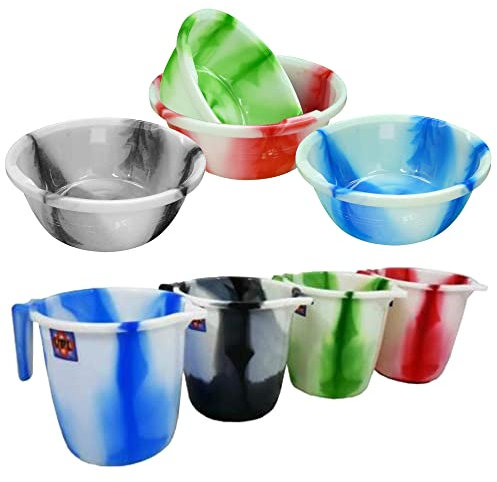 (Set of 2) 1 x 1.5 Litre Plastic Tie Dye Water Jug with Handle and Pourable Spout and 1 x 18” Round Plastic Tie Dye Washbasin Washing Up Bowl for Bathroom Home Kitchen (Random Colours)