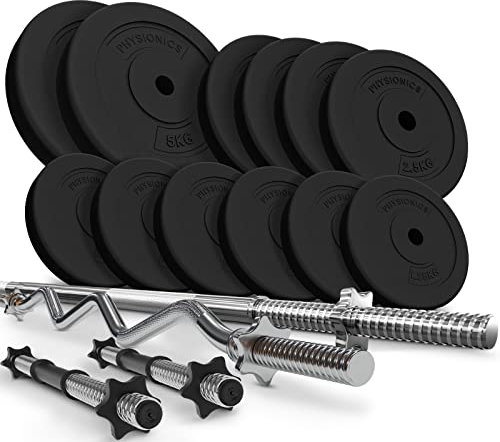 Physionics® Hantelset - 45/75/105/125kg Set, Langhantel 165cm, Ø30mm, 2 Kurzhanteln, SZ Stange, Gewichten - Kurzhantelstange, Hantelscheibe (Langhantel + SZ Stange + 2 Kurzhanteln 45KG)
