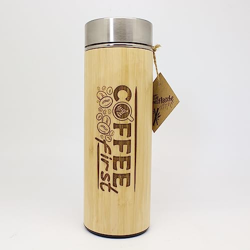 COFFEE FIRST. Termo de bambú con grabado de texto. Termo de acero inoxidable para uso diario y viajes largos. Adecuado para bebidas calientes y frías. Botella isotérmica.
