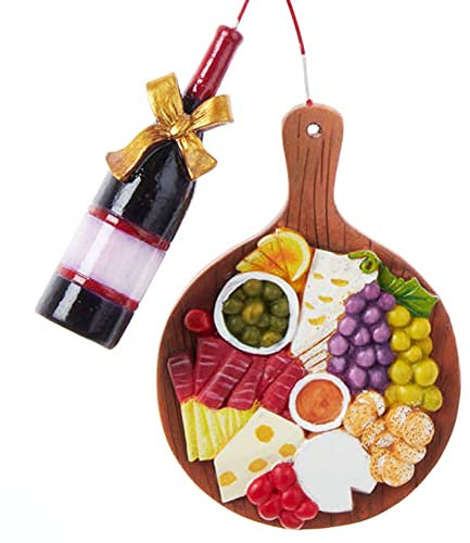 Charcuterie Board Christmas Ornament - Meat Cheese Tray Wooden Platter with Wine Bottle Glass - Holiday Tree Decoration Keepsake Gift (Round)
