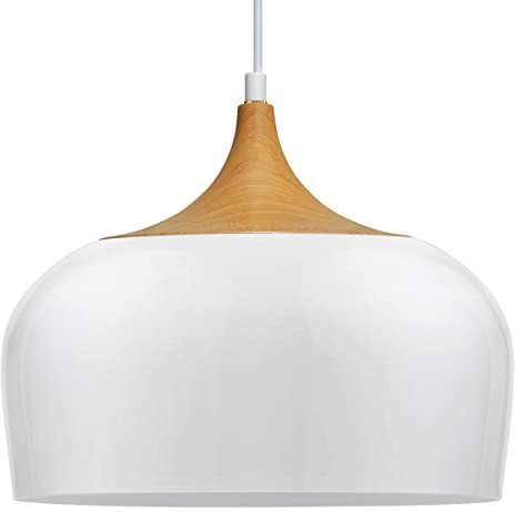 1 Light Pendant Ceiling Light Gloss White Lamp Shade Wood Effect Fitting, Modern Contemporary Kitchen Island Lighting H3048