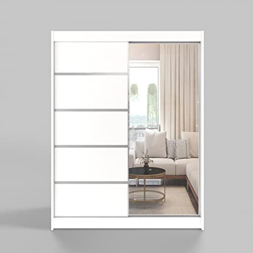 ML Furniture T3 Schiebeschrank 180 cm mit Spiegel, Kleiderschrank Schlafzimmer, Garderobeschrank Wohnzimmer - 180 x 215 x 58 Farbe: Weiss, Schwebetürenschrank