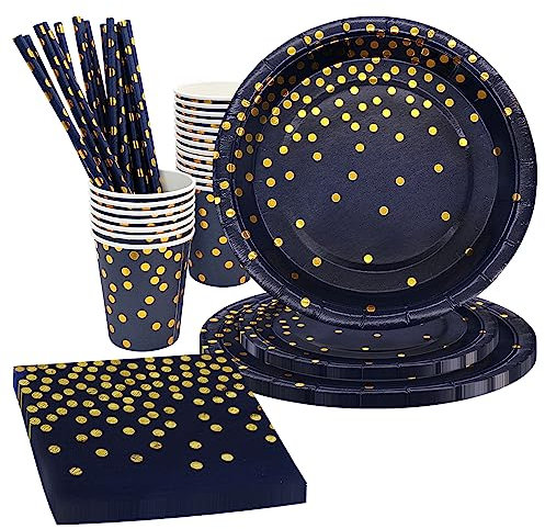 80 Piéces Bleumarine Or Party Vaisselle Jetable , Bleu Marine et Or Assiettes Carton Gobelets Paille en Papier Serviettes pour Diverses Fêtes et d'anniversaire Décorations Homme Garcon(20 Invités)