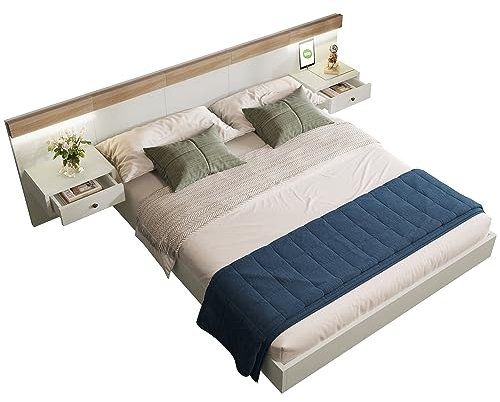 FEZTOY Doppelbett Bettanlage mit 2 LED Nachtkommoden & USB C Steckdose 140 x 200 cm - Holzbett Schlafzimmer Komplett-Set in Eiche Sonoma/Weiß - 205x284x90.5cm (L/B/H), Ohne Matratze