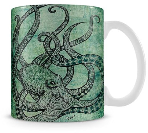 Giftme Beautiful Green Octopus Art Painting Porcelain, 11oz White Ceramic Mug.