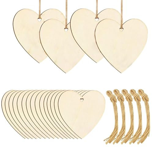 50-er Pack Holzherzen mit Jute Schnur, 7.6 cm x7.6cm Handgemachtes Holz Herzen Naturholz Holzherz Herzförmig Holzplatten Holzherz Deko für Hochzeit, Party, Jubiläum, Weihnachten, Geburtstag