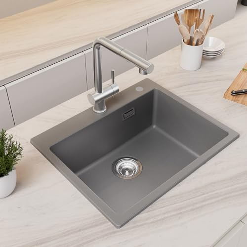 CECIPA Küchenspüle Grau 55x45cm, 80% Quarzsand Spülbecken aus Granit, 1 Becken Einbauspüle, Küchenspüle inkl Siphon & Über