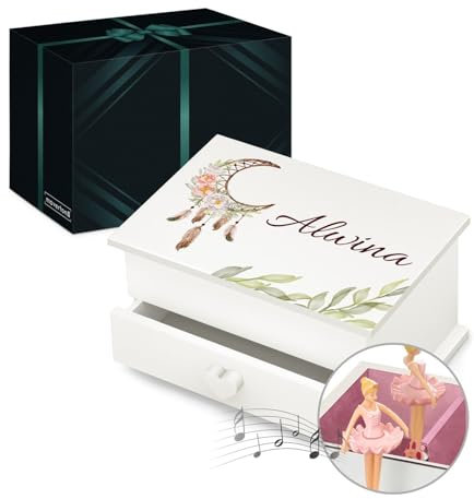 Maverton personalisierte Musik Schmuckdose mit Aufzieh-Spieluhr - Schmuckkästchen Ballerina - Musikspieldose für Mädchen zur Geburt - zum Geburtstag - zu Weihnachten - mit Schublade - Traumfänger