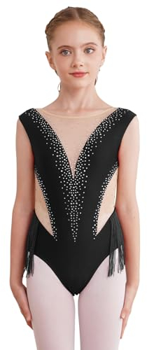 Agoky Mädchen Ärmellos Turnanzug Kinder Gymnastikanzug Streifen Tanzbody mit Mesh Spleiß Rollkragen Eiskunstlauf Anzug Klassisch Leotard Schwarz A 134-140