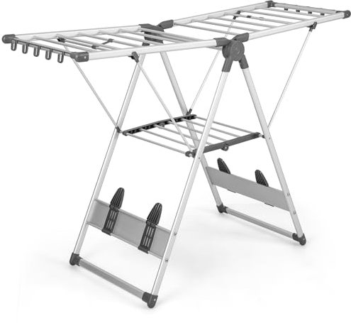 GOPLUS - Secador de ropa de 2 niveles, tendedero plegable de aluminio con alas ajustables en altura, 21 rieles de secado, 10 pinzas, 4 soportes para zapatos, para interior, exterior