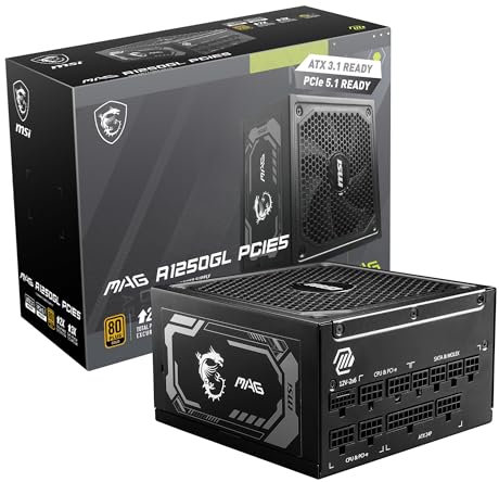 MSI mag 1250GL PCIE 5 Fuente de alimentación para Juegos - ATX 3.1 y PCIE 5.1 Ready - Full Modular - 80 Plus Gold Certified 1250W - Tamaño Compacto - ATX PSU - Garantía de 10 años