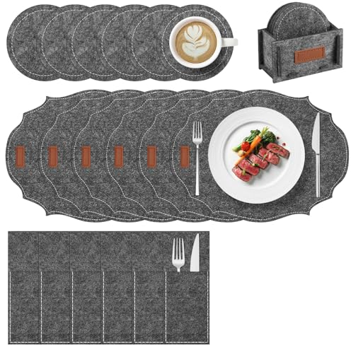 Witnewrage Tischsets Platzsets Filz, Platzsets Abwaschbar, rutschfest Platzdeckchen, Tischsets Filz 19er Set: 6 Tischsets Abwaschbar, 6 Untersetzer, 6 Bestecktasche, 1 Filzbox -Polygon, Mittelgrau