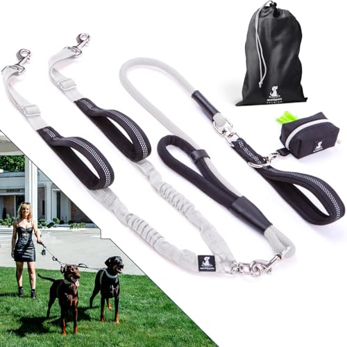 SparklyPets Rope Bungee Dog Leash, 2 Dogs M/L, Adjustable Premium Silv | Premium Bungee Rope Leash With Shock-absorbing Stretch, Padded Handles, Reflective Stitching and Tangle-free Design