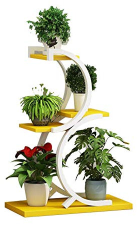 ASHILD Pflanzenständer für den Innenbereich, Metall + Holzregal, kleines Display für den Innenbereich, Balkon, Topfständer, Pflanzenständer, weißer Rahmen, gelbe Tafel