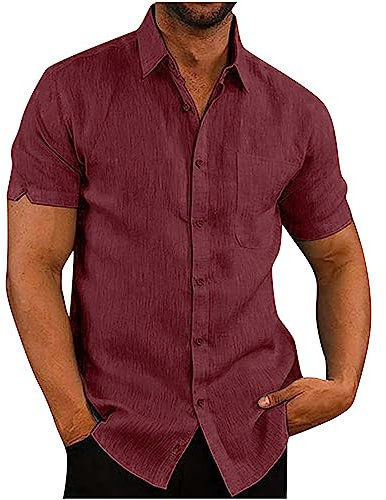 UK Brand Men's Short Sleeve Button Down Hawaiian Cotton Linen Shirts - Regular Fit, Solid Henley Shirt with Pocket - Size 8-22, Perfect for Holidays & Beach