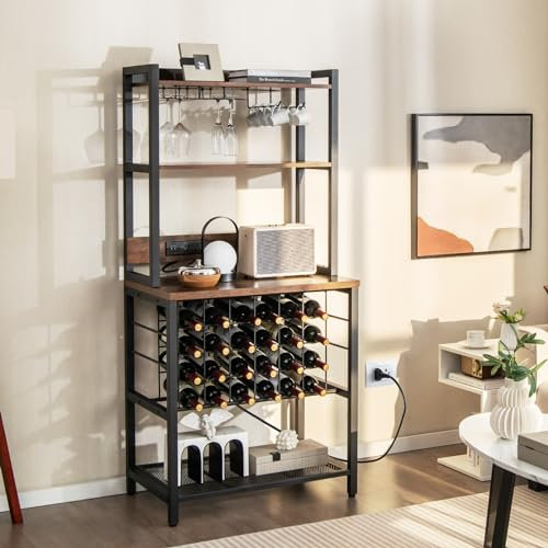 GIANTEX Scaffale Da Cucina Con Prese e Porte Usb, Armadietto Per Vino Con Supporto In Vetro Per 24 Bottiglie e 9 Bicchieri, Scaffale a 4 Livelli, 76 x 48 x 163 cm