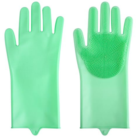 Tabanzhe Silicone Diswashing Gloves,Reusable Heat Resistant Cleaning Gloves with Bristles,Green Wash Gloves Cleaning Tools for Kitchen Household Pet Hair Care Grooming