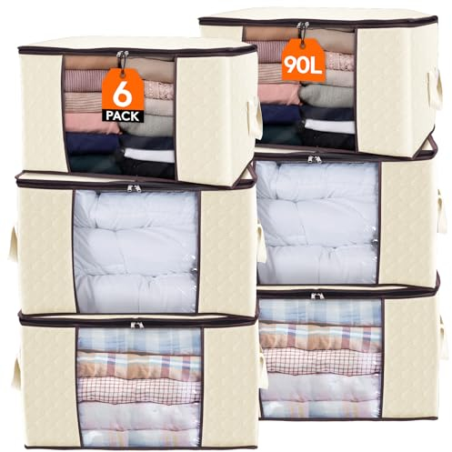 Lifewit Large Capacity Clothes Storage Bag Organizer with Reinforced Handle Thick Fabric for Comforters, Blankets, Bedding, Foldable with Sturdy Zipper, Clear Window, 6 Pack, 95L, Beige