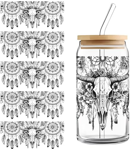 5 Blätter UV DTF Transfer Sticker für Glas Becher, Wasserfeste Tassen Aufkleber Becher Wickeln Transfers Sticker Transfer Papier Kaffeebecher Rub on Stickers Transfer Papier Becher Stickers