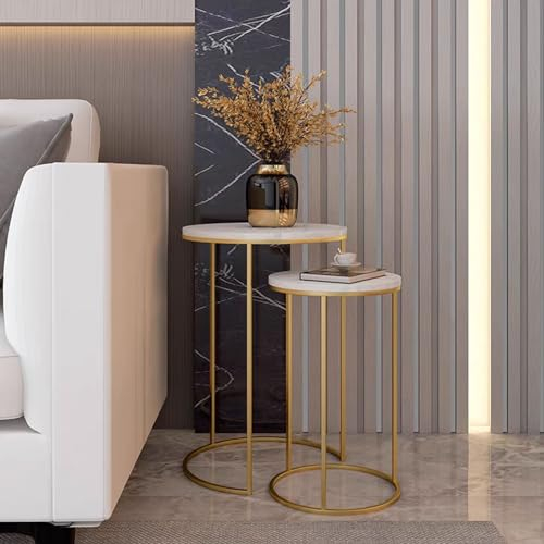 Drsyffsup Runde Satztische, 2er-Set, Akzent-Beistelltisch für Wohnzimmer/Schlafzimmer/kleine Räume, mit Tischplatte in Marmoroptik und Metallsockel, Weiß/Gold