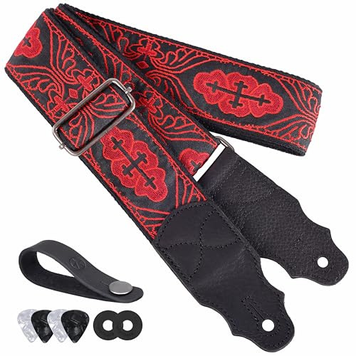 YIKOKO Gitarrengurt Kopfschicht Rindsleder Ende 2 Zoll für Akustik- und Bass-E-Gitarren, Adjustable from 38″ to 64″