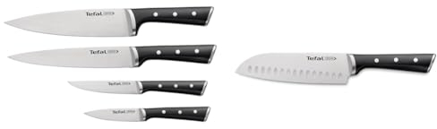 Tefal Ice Force Set de 4 couteaux, Couteau à découper+ couteau chef+ couteau d'office + couteau à émincer & Ice Force Couteau Santoku 18,5 cm, Couteau de cuisine, Lame en acier inoxydable allemand