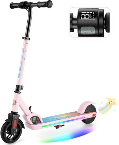 Caroma E Scooter Kinder von 8-12 Jahren, 150W Motor, 16 km/h, E Roller Kinder, Einstellbare Geschwindigkeit & Höhe, Bunte Lichter, LED Display, Faltbarer Elektroroller für Kinder