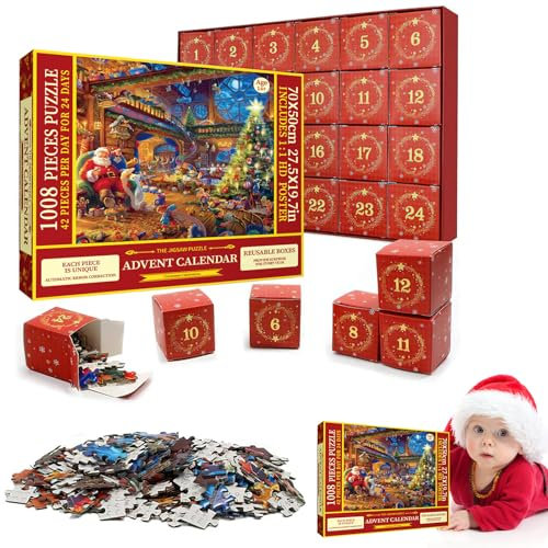 Adventskalender 2024 Weihnachtspuzzle, Weihnachtspuzzle für Erwachsene und Kinder, 1008 Teile, 24 Puzzle-Boxen für Countdown bis Weihnachten, Heimdekoration, Weihnachtsgeschenke (A)
