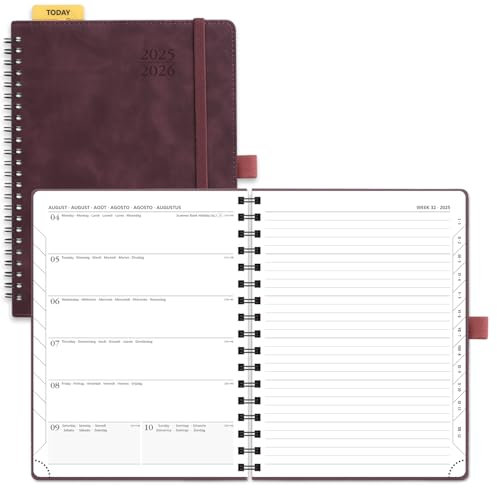 POPRUN Kalender 2025 2026 Buchkalender Notizbuch (Aug.2025-Dez.2026), ca. A5 (22 x 16,5 cm), Terminplaner, Wochenplaner Ringbuch mit Softcover, Zertifiziertem Papier - Weinrot