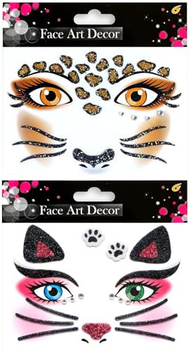 ALEGRE Leopard Gesichtstattoo Karneval,2 Blätter Katzen Tattoo Gesicht,Leopard Face Art Sticker,Leoparden Schminke,Gesichtstattoo Katze Glitzer Leoparden Tattoo Gesicht,für Motto Party,Fasching