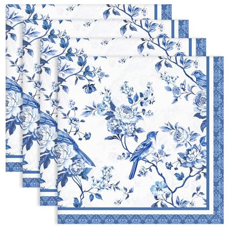 Arquiel Servietten Blauer Vogel 4er-Set, Stoffservietten 100% Baumwolle Dekoratives Weiches Wiederverwendbare Esstisch Servietten für Hochzeiten Küche Haushalt Frühling/Sommer(45×45cm)