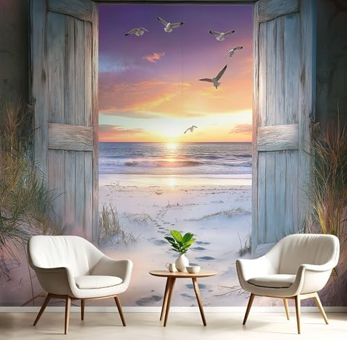 Seide Fototapete Strand HolztüR 350×256 CM (W×H), Foto Tapete Schlafzimmer Wohnzimmer Seide tapete, Wandtapete Meer MöWe Motivtapeten Bildtapete 3d Effekt Wand Dekoration