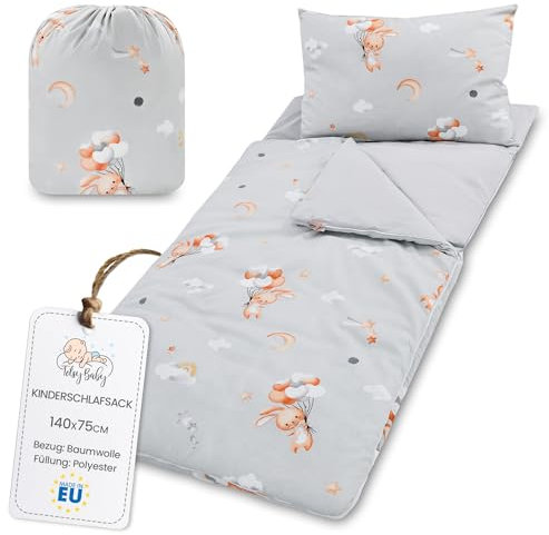 Schlafsack Kinder mit Kissen und Reißverschluss für Baby 3-7 Jahre - 140 x 75 cm Kinderschlafsack Indoor für Kindertagesstätte Kindergarten Deckenschlafsack Oeko-Tex Kaninchen