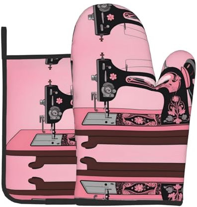 GGNKDL Vintage Pink Sewing Machine Pattern Oven Mitts and Pot Holders Set for Open The lid of The Pot in The Kitchen, Microwave, Oven