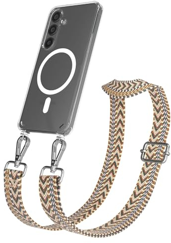 EAZY CASE Handykette - Verstellbares Taschenband kompatibel mit Galaxy S24, Schulterriemen, Handykordel mit Silikon Hülle, Qi Charging kompatibel, Umhängetasche, Braun Silber