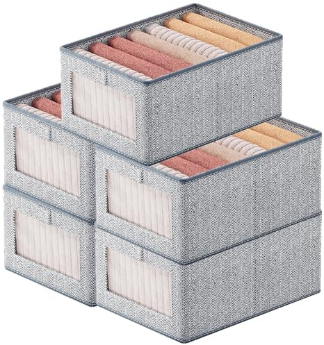 Goesort Set of 5 Clothes Storage Boxes, Wardrobe Storage Organiser Fabric Clothes Organiser, Storage Boxes with Clear Window For Jeans Pants Shirts Leggings Sweaters, Large