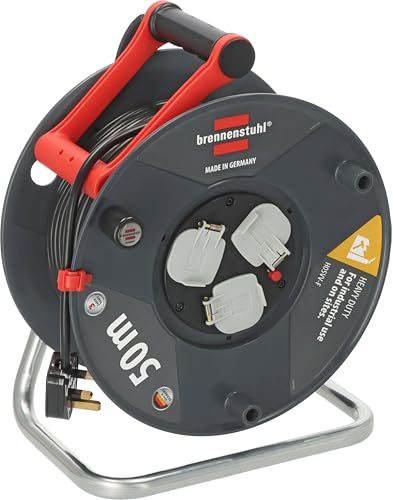 Brennenstuhl Garant Cable Reel 50m (Made in Germany, Extension Lead with 3 sockets and Thermal Cut-Out Protection, Ergonomic Handle)